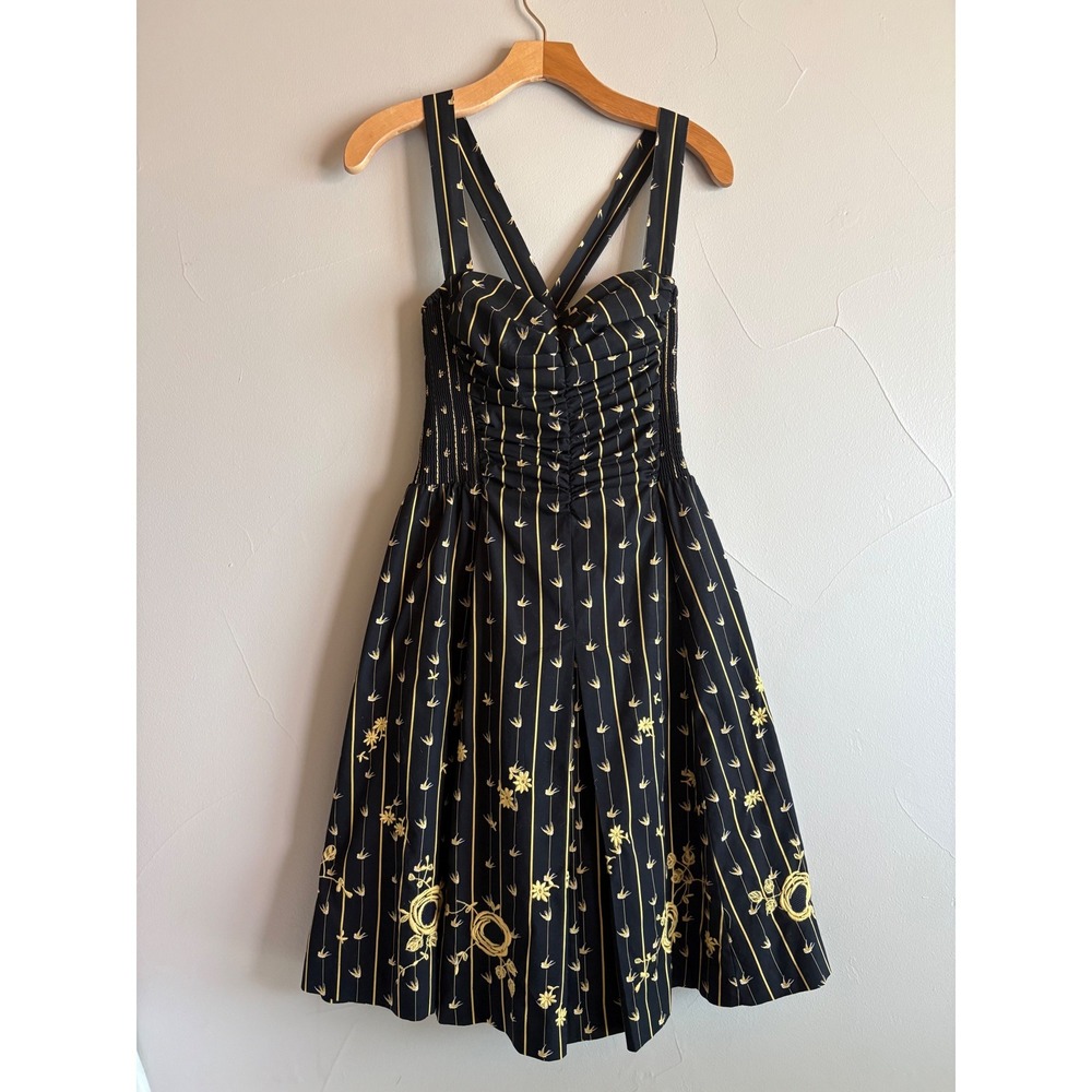 Moulinette Soeurs Anthropologie Black Yellow Bird Floral Striped Dress Size 2